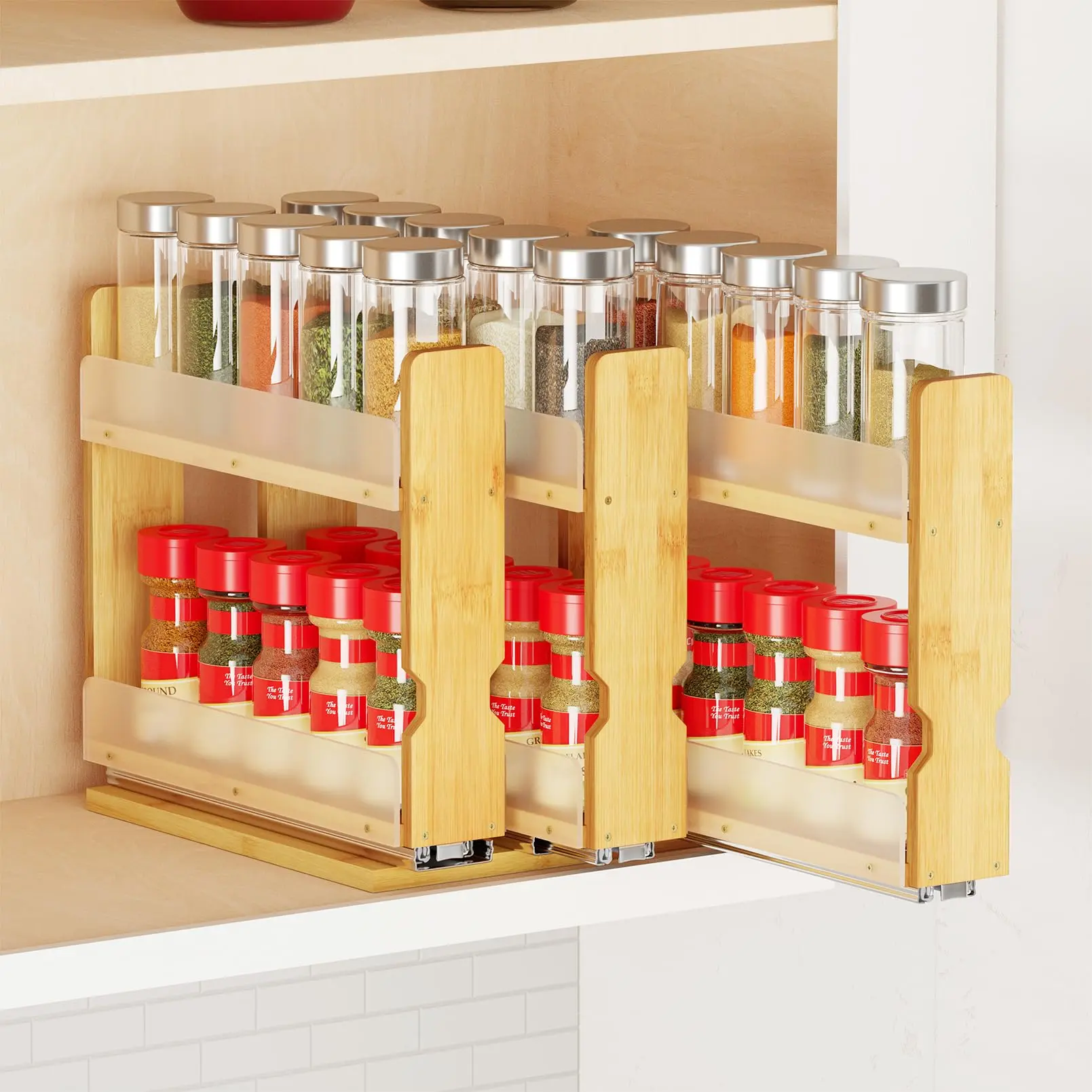 Bamboo Pull Out Spice Rack Organizer for Cabinet, Heavy Duty Slide Out Seasoning Kitchen Pantry Sliding Vertical Organization