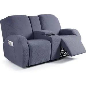 Stretch Loveseat Recliner Covers with Console 4-Pieces Recliner Sofa Covers with Pockets Jacquard Reclining Couch Covers Furniture Protector with Elastic Straps Bottom (2 Seater, Grey)