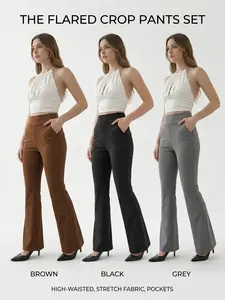Y2K High Rise Flared Pants - Curvy Fit & Leg-Lengthening  3 Classic Colors (Black/Brown/Grey), Soft Stretch Fabric for Office & Street Style