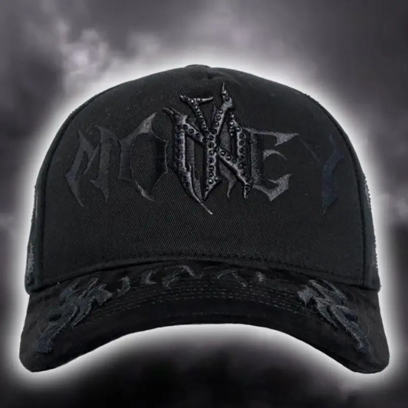 Suerte y Dinero Black Rhinestone Trucker Hat - Gothic Distressed SnapBack Cap