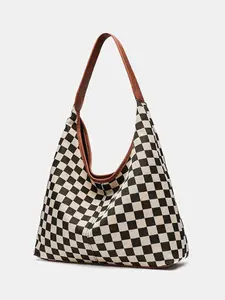 Large-Capacity Checkerboard Tote Bag Daily Bag For Travel And Shopping Shoulder Bag With Inner Pocket, Durable Polyester Material, Casual Shopping Bag