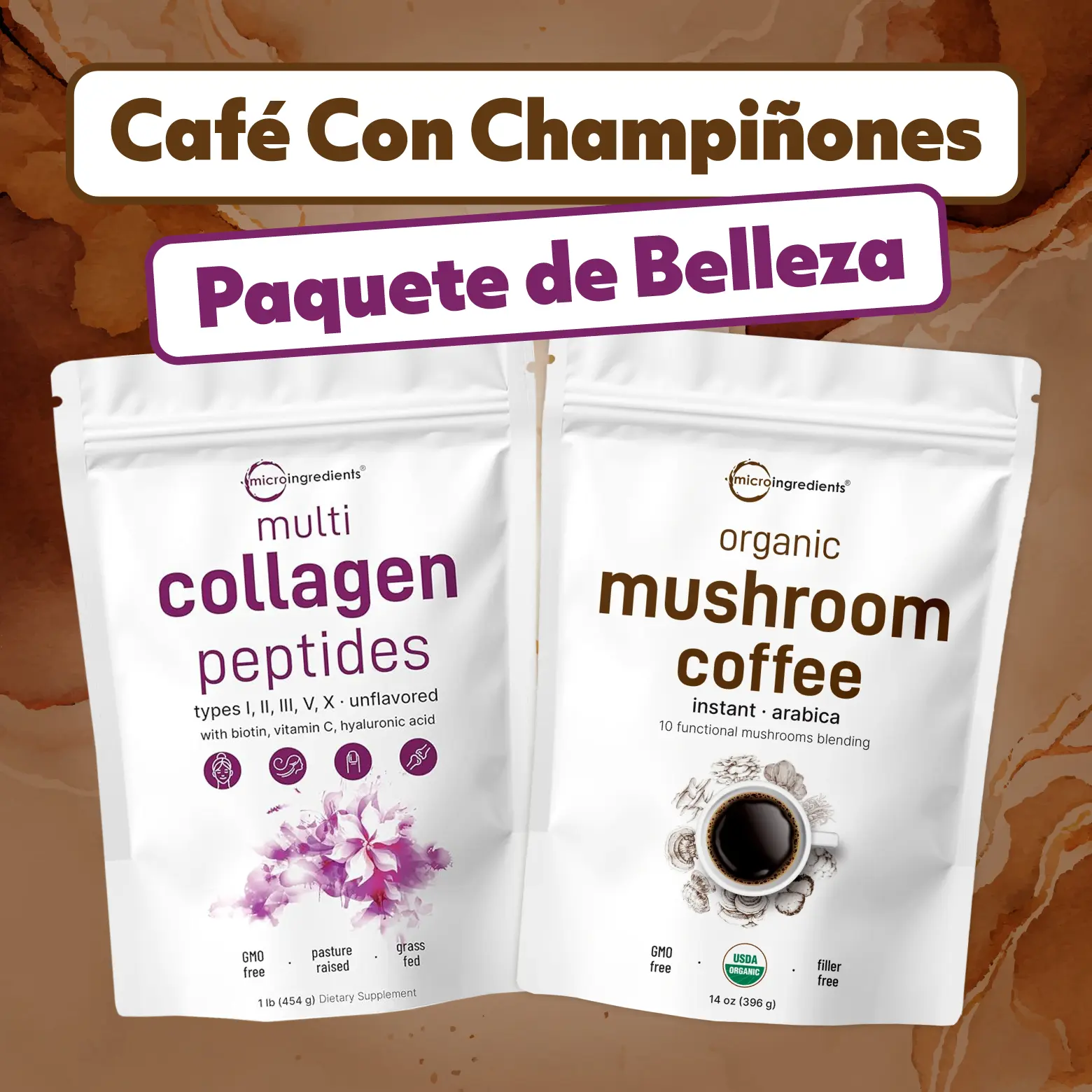 Paquete de Café de Setas para la Belleza: olvo de Colágeno Hidrolizado Multi Tipo 1LB+ Café de Setas Instantáneo 14oz Paquete de Café de Setas para la Belleza: olvo de Colágeno Hidrolizado Multi Tipo 1LB+ Café de Setas Instantáneo 14oz