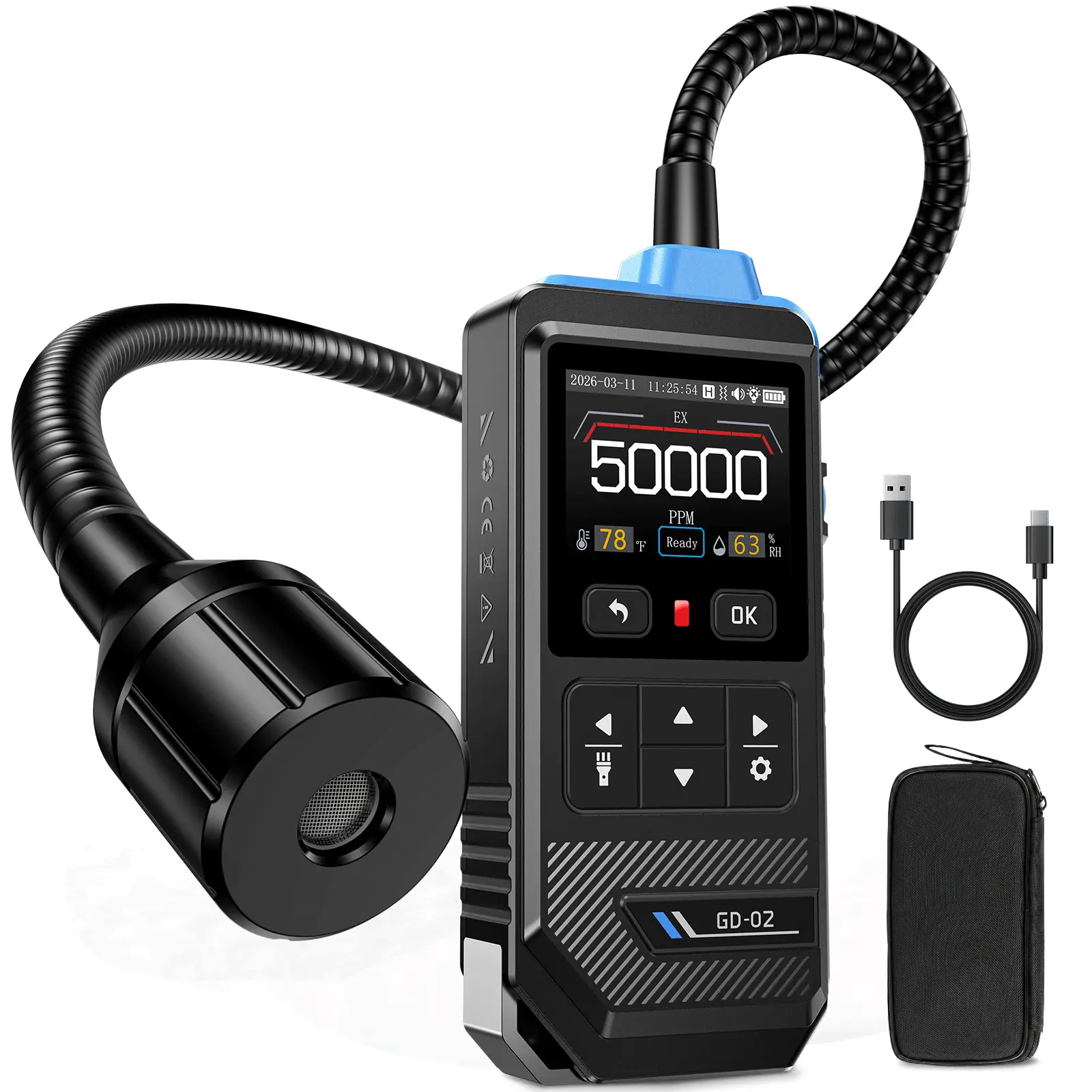 FNIRSI GD-02 Portable Gas Leak Detector 50000PPM Color Screen Display Methane LPG Detection with 36cm Probe 3 Alarms for Home Security System
