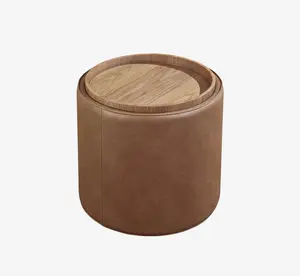 Modern Round Leather Storage Ottoman with Removable Walnut Wood Tray Top