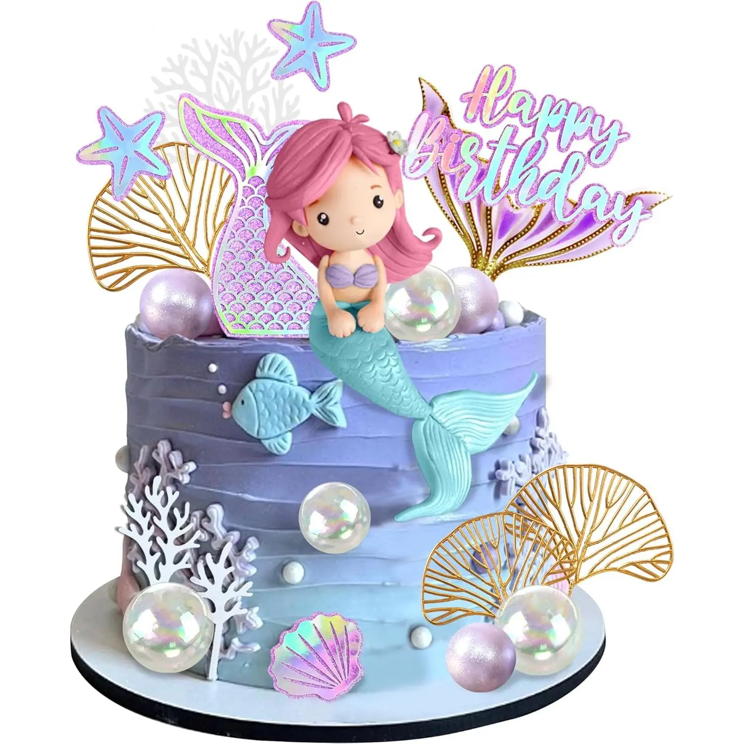 XY-SO25 Reusable Cartoon Cute Plastic Mermaid Cake Toppers Set - Multiple Pieces, Soft Clay, Glitter Paper, Foam 3D Shell, Starfish, Fishtail Balls Decor, Easy to Clean, for Kids Parties, Dessert Ornaments (Style1, As the Picture Shows)