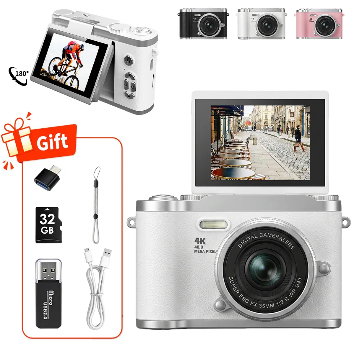 Entry-Level Retro CCD Electronic Flip Screen Pocket Camera - 2.4" Folding Screen, Multiple Filter Modes, MP4 Video, SD Slot, 32GB Memory Card, Card Reader, Adapter, Portable CCD Cameras for Students, Electronic Camera