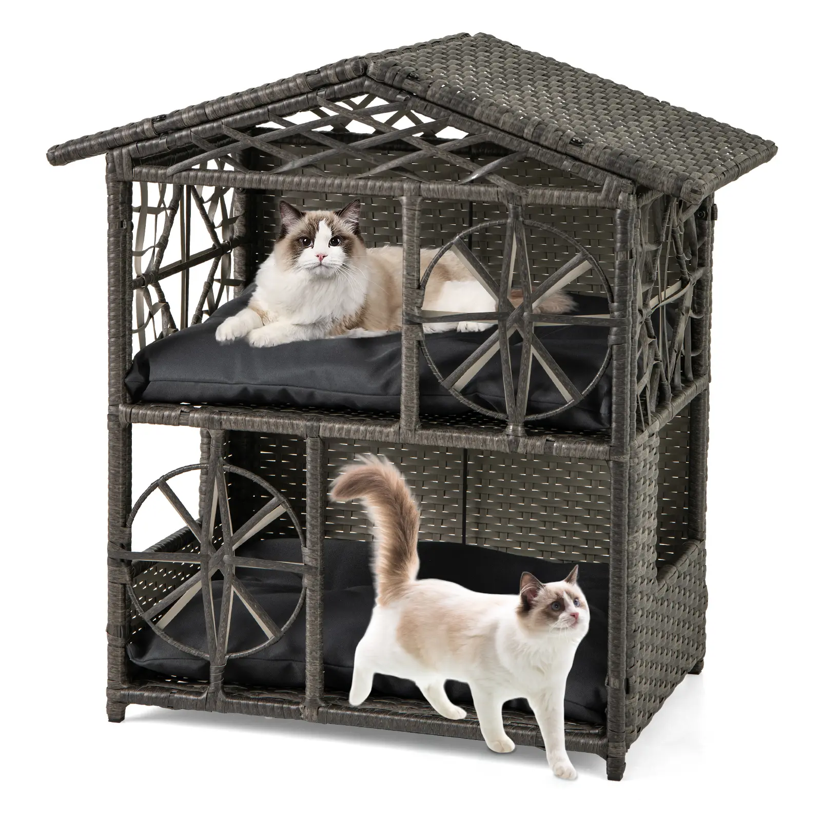 COSTWAY - 2-storey Wicker Cat House Rattan Kitten Condo Enclosure with Removable Cushions-Gray