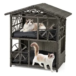COSTWAY - 2-storey Wicker Cat House Rattan Kitten Condo Enclosure with Removable Cushions-Gray