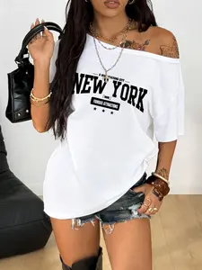 Multi-color Women's Off-Shoulder T-Shirt, Loose Drop Shoulder Style, Fit, New York Letter Print, Lazy and Stylish, Perfect for Daily Wear, Everyday, Streetwear Looks, Girls' Outings and Casual Gatherings.