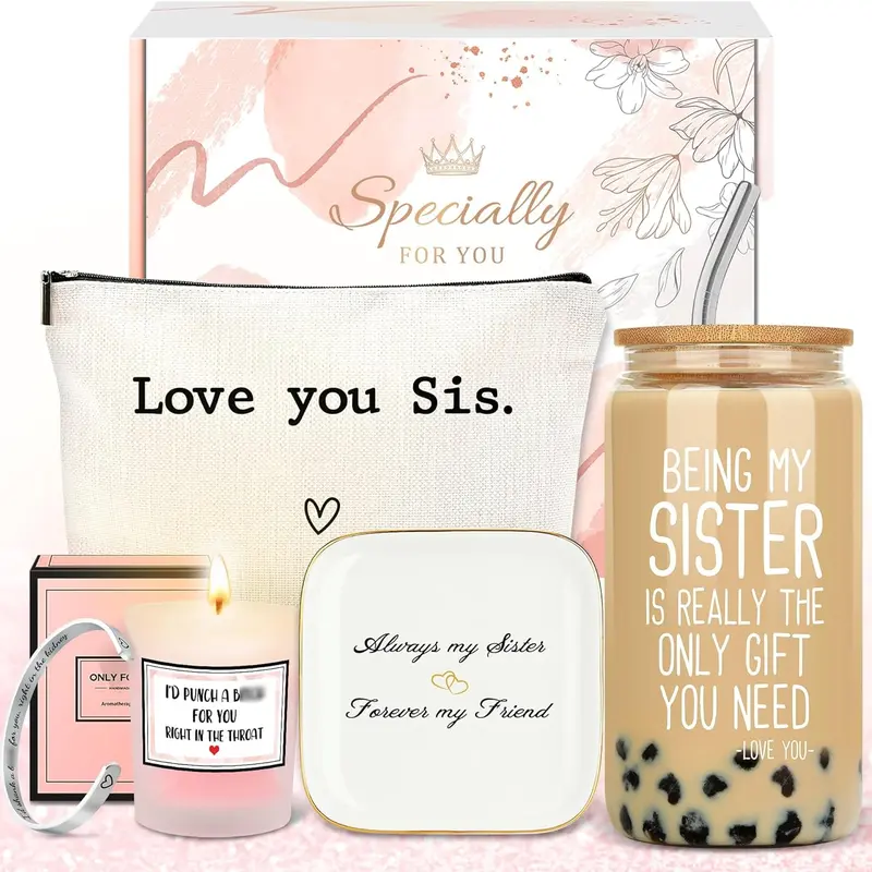 Sister Appreciation Gifts Basket - Adult Business Festive Set, 4.1in W × 5.3in H Deluxe Gift Box, Stylish Glass Cup, Makeup Bag, Candle, Bracelets, Rust-resist Steel Jewelry Tray, Humorous Touch