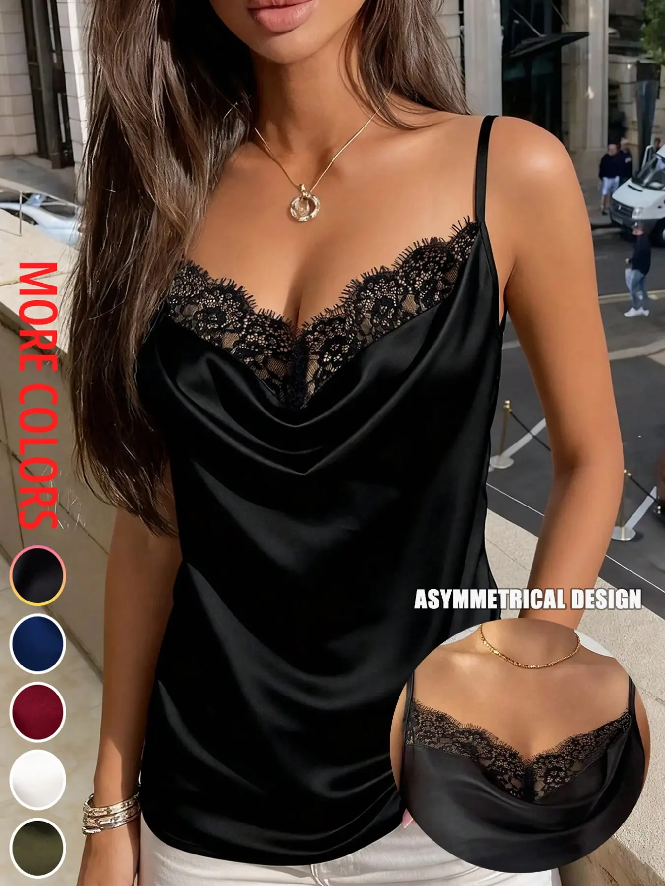 Women's Luxury Satin V-Neck Asymmetric Lace Cami Tops, Spaghetti Strap Slimming Innerwear, Elegant Chic Outer Top, Perfect for Dates, Dinners, Travel