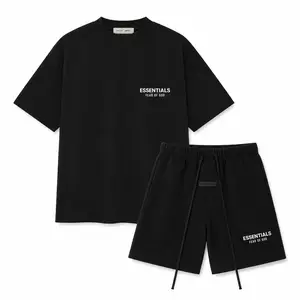 (Tee and Shorts) Fear of God Essentials T-shirt & Shorts Set Stretch Jet Black OVER SIZE Casual Wear Comfortable Fit Simple Design Versatile Everyday Wear Menswear Tops Crewneck ShortSleeve Light