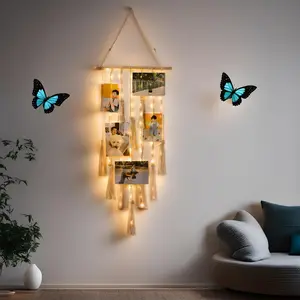 Hanging Photo Display with 105LEDs Preinstalled, Collage Wall Decor Remote, Macrame Boho Room Teen Girl Gifts Bedroom for Dorm Apartment Living Study Leisure Area