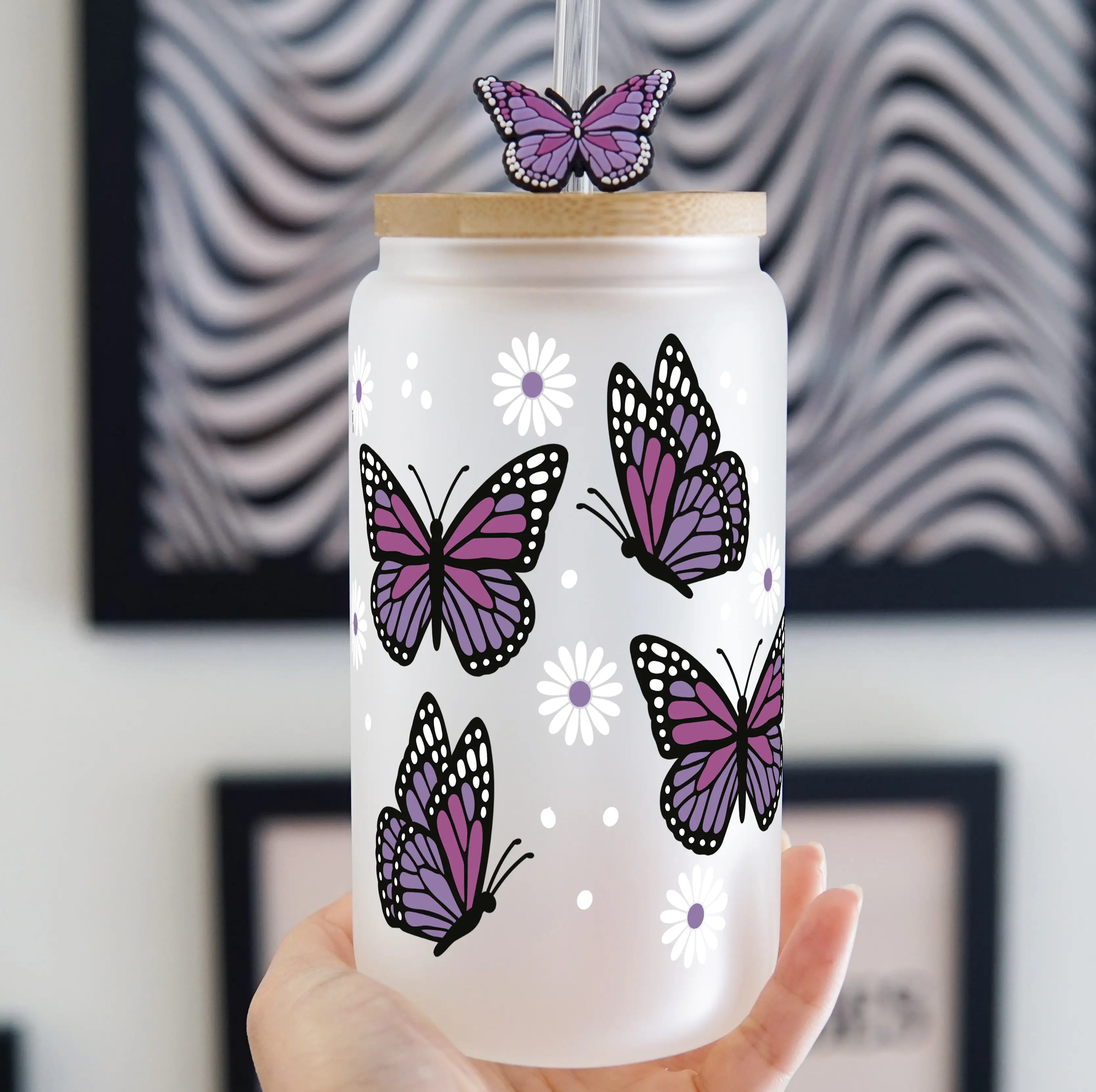 Sip-Sip Hooray! 16oz Purple Butterflies & Daisies Glass Can Cup – Reusable Drinkware with Lid & Straw, Printed Coffee Tumbler, Portable & Washable Mug