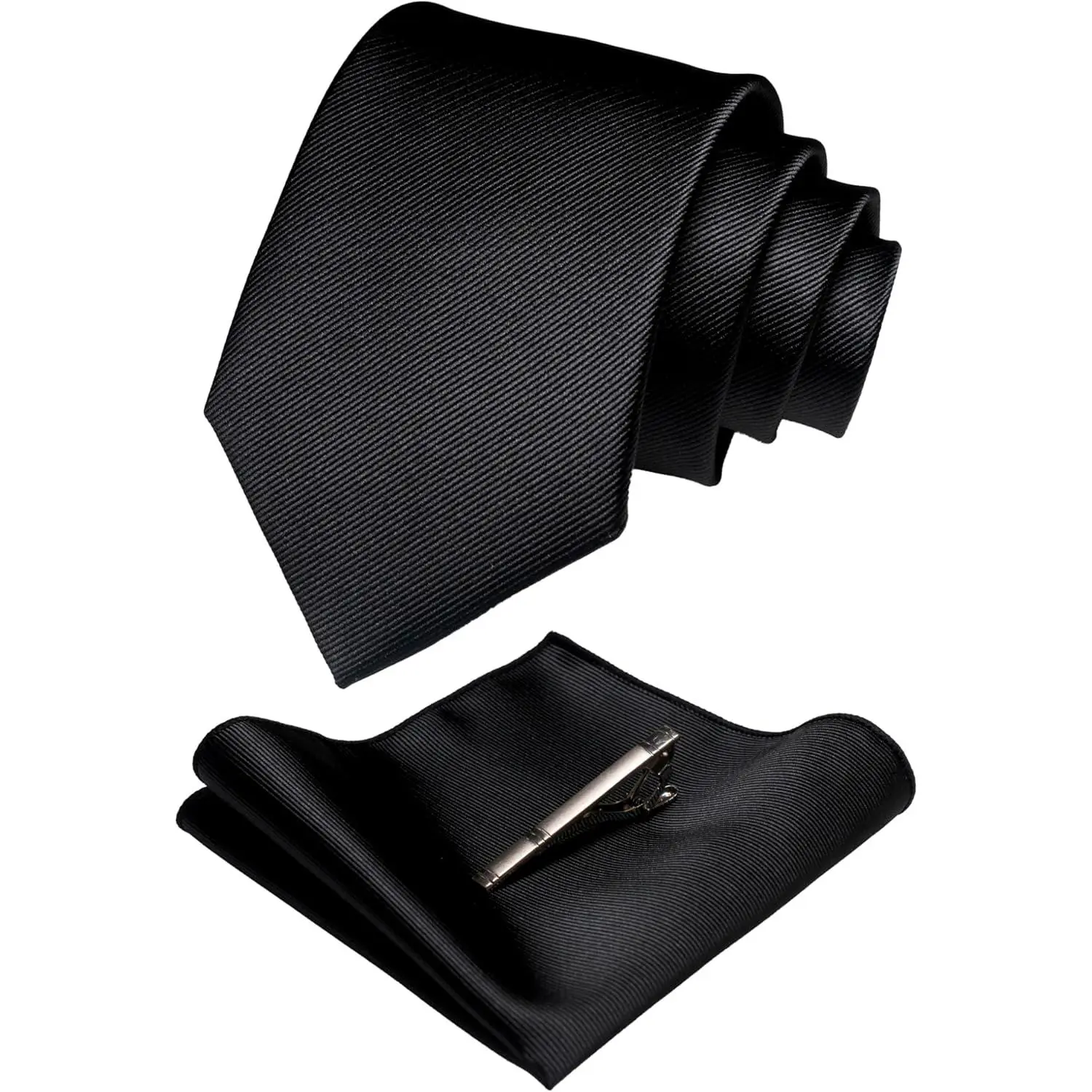 Solid Color Formal Necktie and Pocket Square Tie Clip Sets for Men