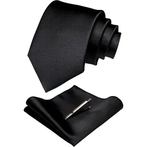 Solid Color Formal Necktie and Pocket Square Tie Clip Sets for Men