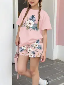 Girls Floral Print T-Shirt and Shorts Set, Summer Outdoor Campus, Fashionable Trendy Casual Wear, Loose-Fitting Suit