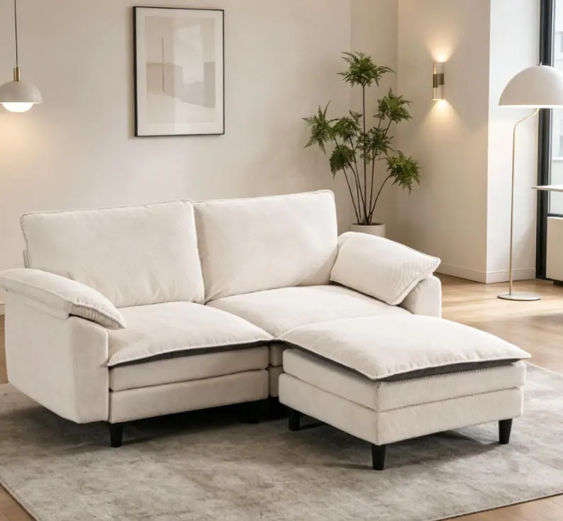 summerwins White 2-Tone L-Shaped Oversized Cloud Modular Sectional Sofa with Ottoman, Chenille Deep Seat, Pillow, Luxurious Fabric, Sturdy Metal Frame, Easy Assembly
