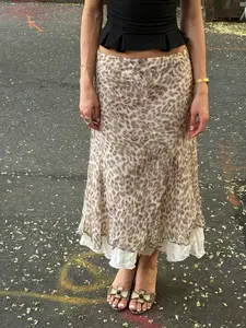 Women's Leopard Print Mesh Midi Skirt, Womenswear Bottom, Double Layer Tiered Layering Ruffled Hem Front Button Skirt, Flowy Lightweight Fabric, Ideal for Daily Casual & Romantic Date Outfit