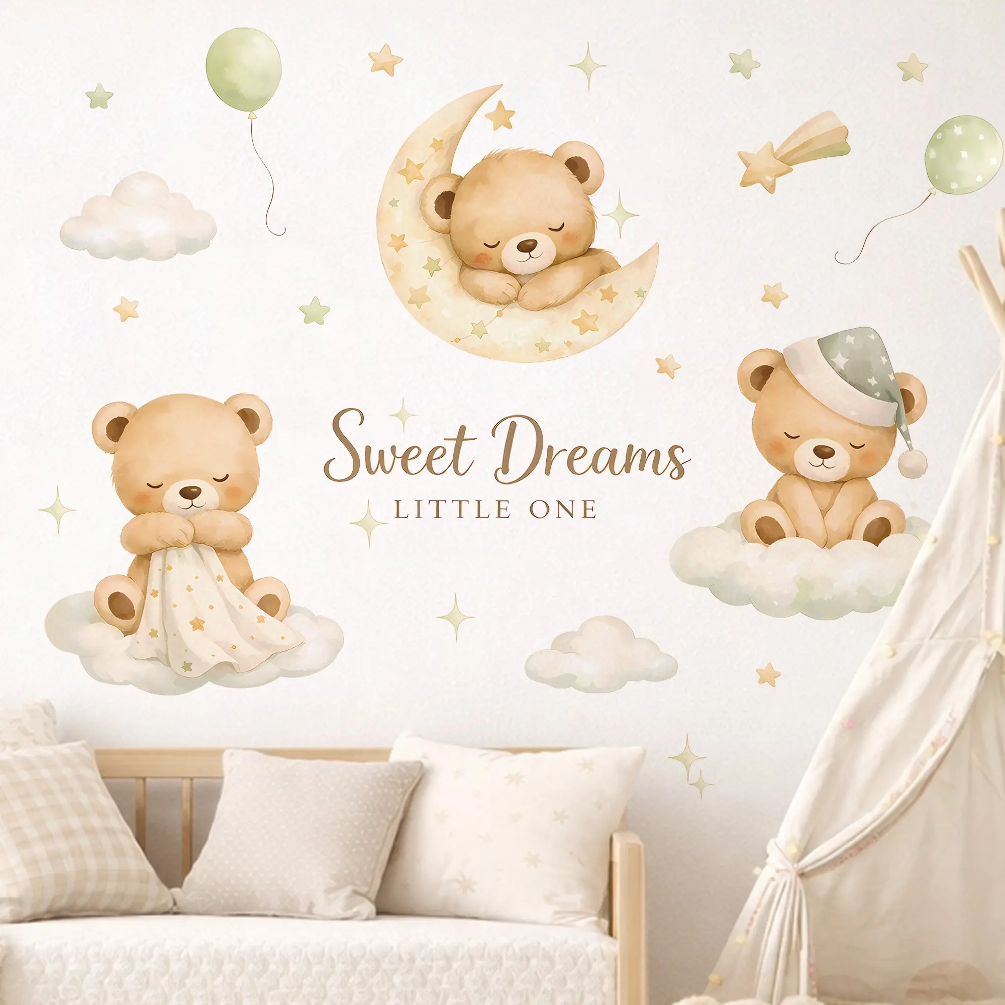 Watercolor Teddy Bear Wall Stickers "Sweet Dreams Little One" Decorative Decal, Cute Moon Stars Clouds Balloon Nursery Decor, Removable Vinyl Art for Baby Boy Girl Bedroom Playroom, Gender Neutral Kids Room Decoration Items