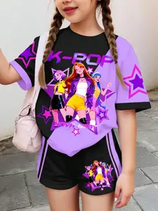Teen Girl Round Neck Letter and Cartoon Print Short Sleeve T-Shirt and Shorts Set, Casual Fitted Suit for All Seasons