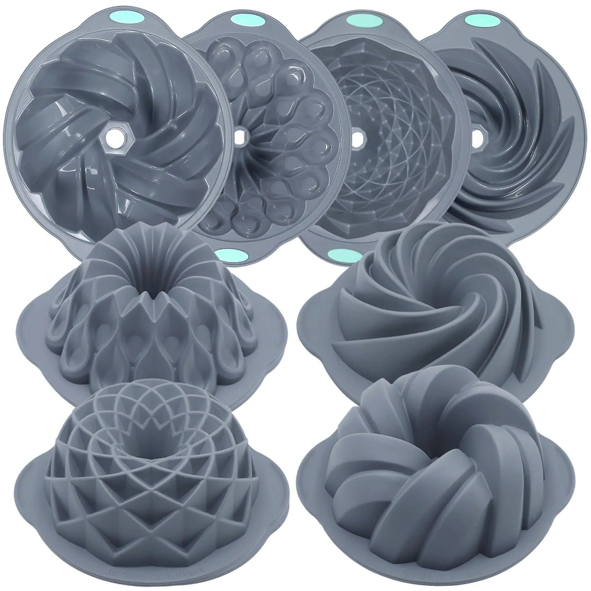 4 Pieces Silicone Fluted Cake Pans, 10/12 Cups Tube Baking Pan, Silicone Molds for Homemade Cake, Bread and Jello, Non-Stick, Grey
