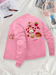 Cute Cartoon Strawberry Girl-Printed Baseball Jacket, Womenswear Long Sleeve Daily Casual Fashion Zip-Front Nurse Jacket, 4-Way Stretch Fabric, Comfortable & Fashionable Workwear, Apparel for Medical Professionals, Durable Nursing Jacket Coats