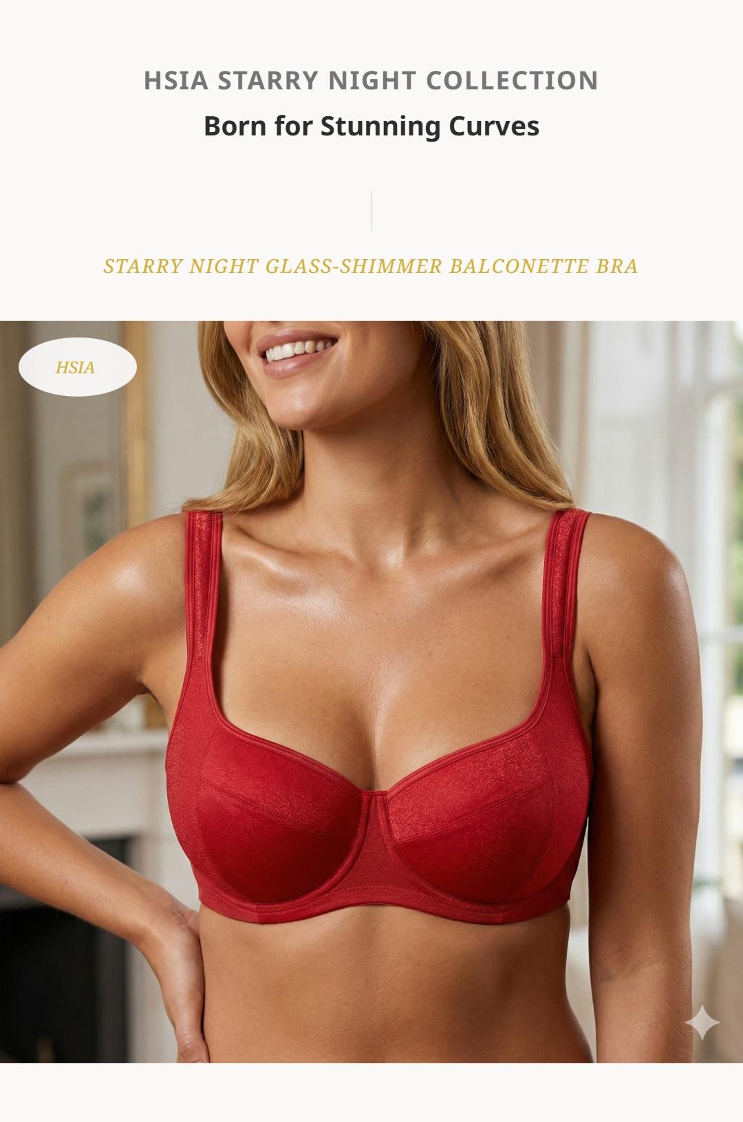 HSIA Starry Night Plus Size Glass-Shimmer Fabric Mesh 4mm Lightly Padded Balconette Bra Wide Straps Lifting Support Underwire Bra High Side Coverage Natural Push Up Effect Sexy Demi Low Cut T Seam Structure SpringStatements