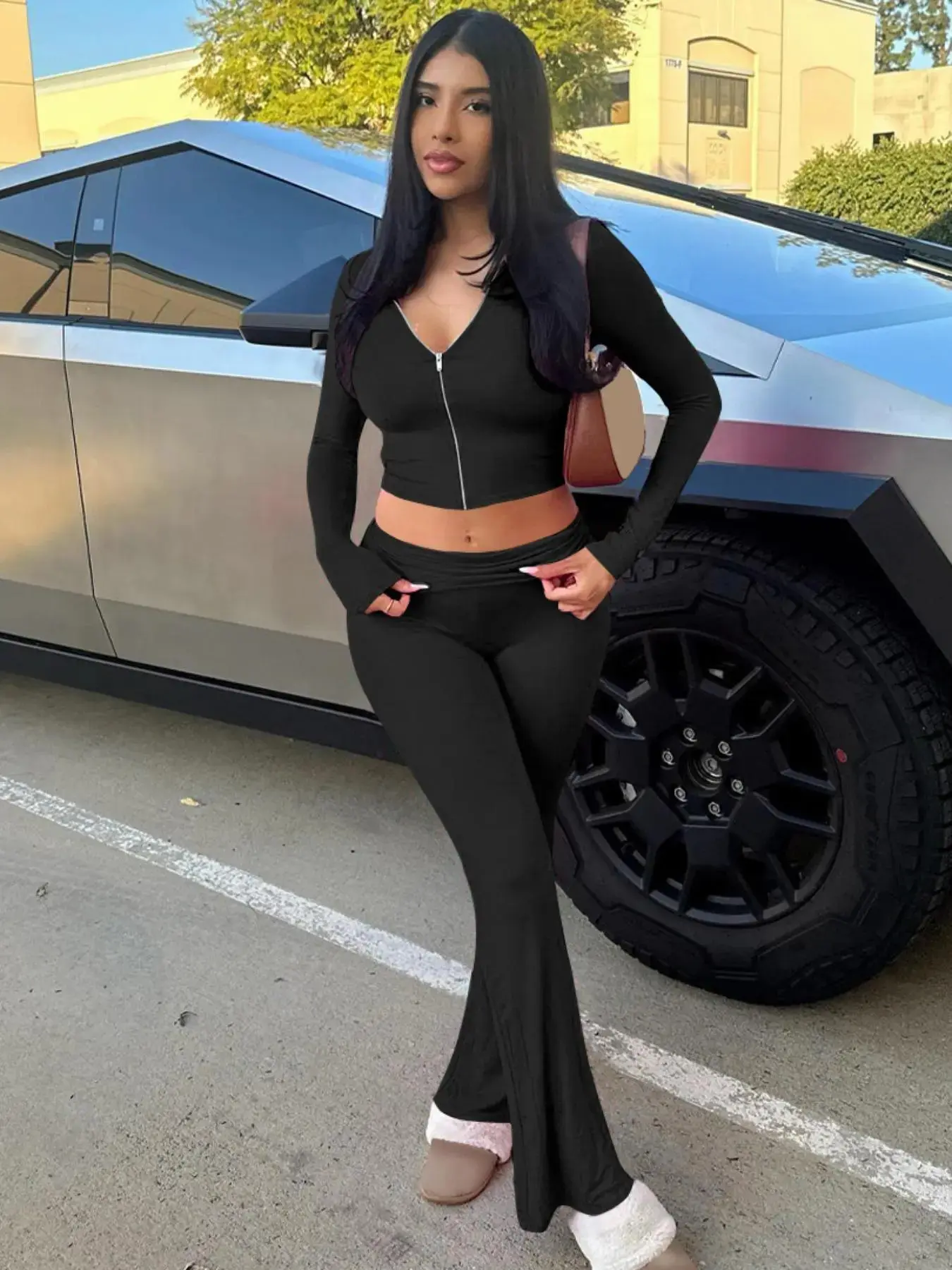 Women's Solid Knit Zip Up Zipper Hooded Crop Tight Hoodie High Waist Flare Leg Pants Set Casual Long Sleeve Top Bell Bottom Trousers Spring Fall Fitted Stretch Knit Streetwear Cozy