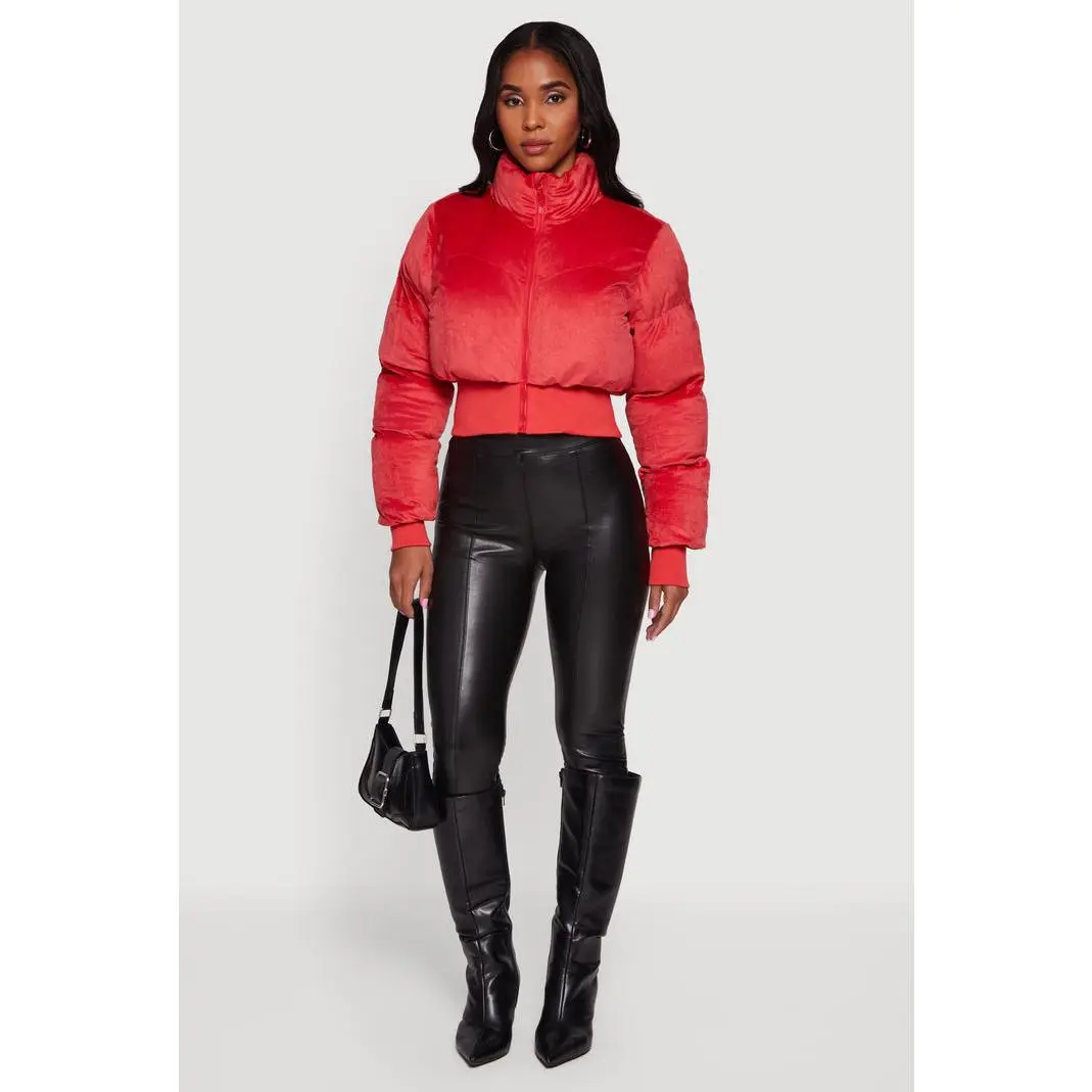 Corduroy Zip Front Mock Neck Cropped Puffer Jacket