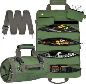 Heavy Duty Roll-Up Tool Bag With 2 Detachable Zipper Pouches, Compact and Portable Large Capacity Tool Storage, Versatile Tool Organizer for Mechanics, Electricians, and DIY Enthusiasts