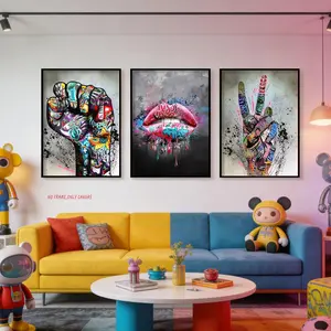 3pc/Colorful Vibrant Graffiti Canvas Wall Art Abstract Street Graffiti Painting Wall Decoration Trendy Lip-Shaped Hand Gesture Poster Art Print Suitable for Living Room, Bedroom, Bar, Cafe Frameless Design Artwork