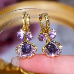 Shiny unique and mysterious amethyst ginkgo leaf earrings for women, DDES0162 new light luxury high-end super shiny full diamond earrings 14K Gold-Plated