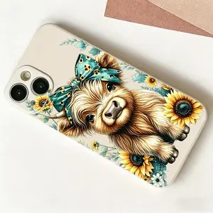 Fluffy Highland Cow Phone Case， Cute Watercolor Sunflower Style for iPhone 17 16 15 14 13 12 11 Plus Pro Max.
