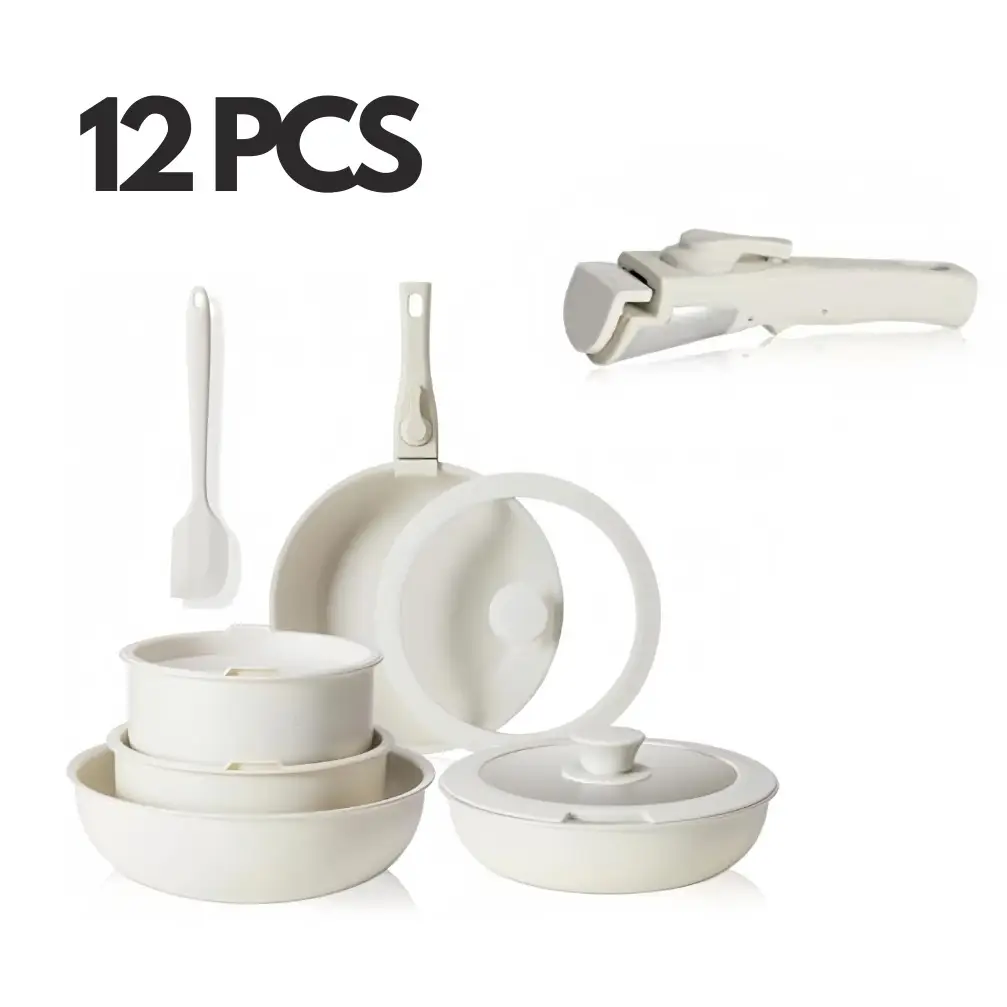 12 Pcs Non-Stick Cookware Set, Detachable Handles, Stackable Pots and Pans, Easy Cleaning, All-Stovetop Compatible Dishware Oil Compact