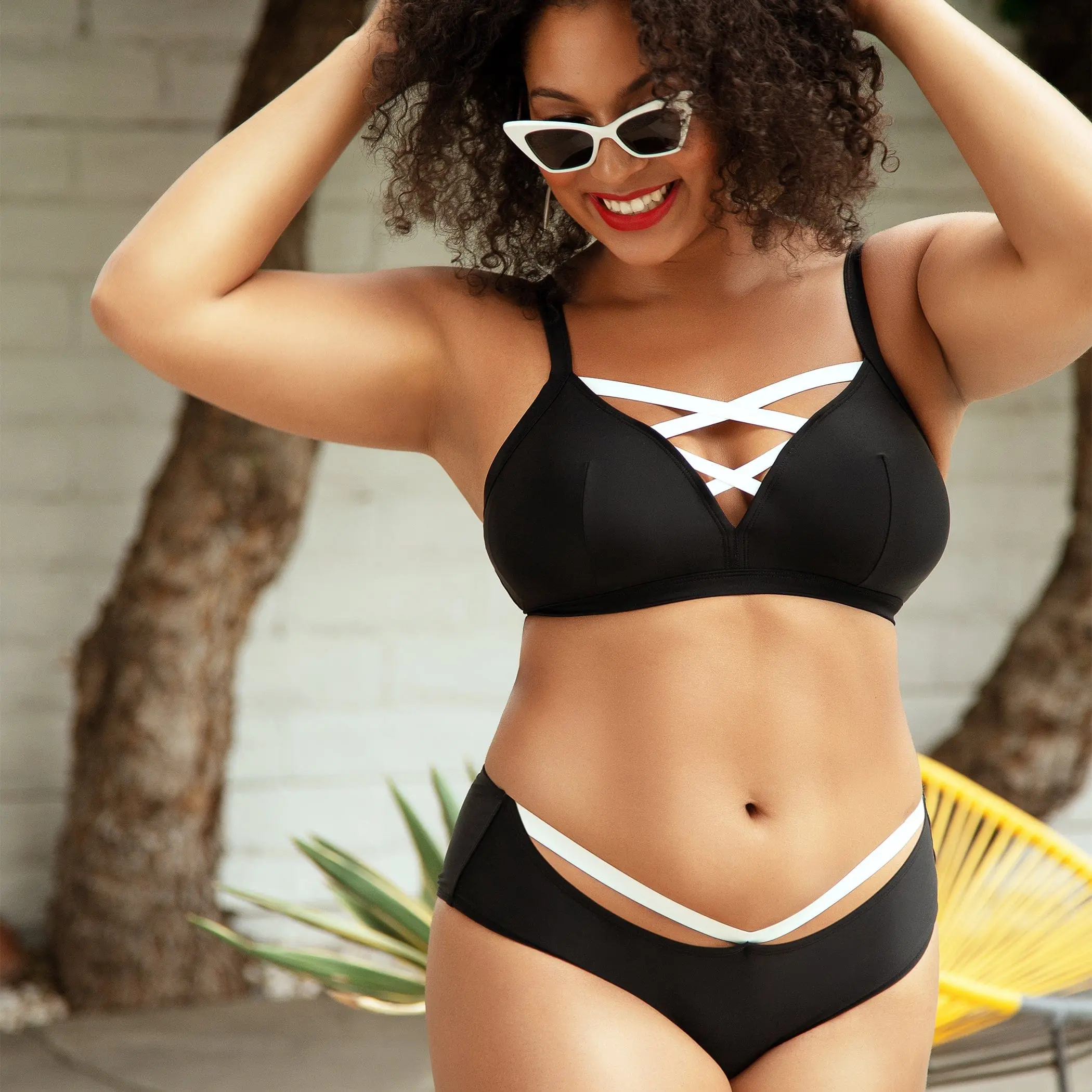 PARFAIT Lauren S8223 Womens Mid-waist Bikini Bottom Contrast Panel Sculpting Swimwear Black w White Full Coverage Soft Stretch Fabric Contrast Trim Bikini Color Block Bikini