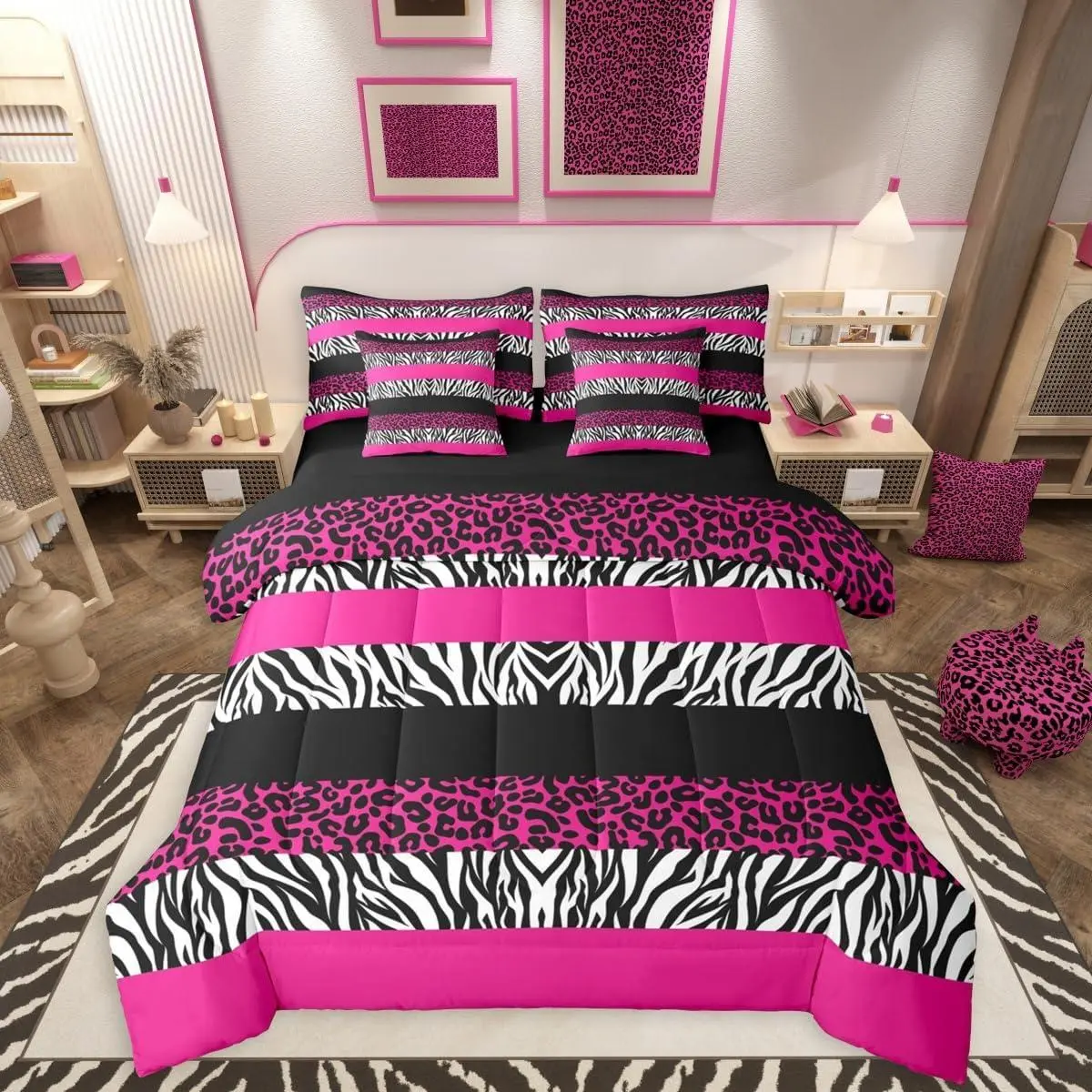Zebra Leopard Print 7 Pieces Bedding Set,Patchwork Animal Skin Bed in a Bag,Hot Pink White Black Bed Set Includes Comforter,Sheet Set,Pillowcases & Pillow Covers,Abstract Geometric Bedroom Decor