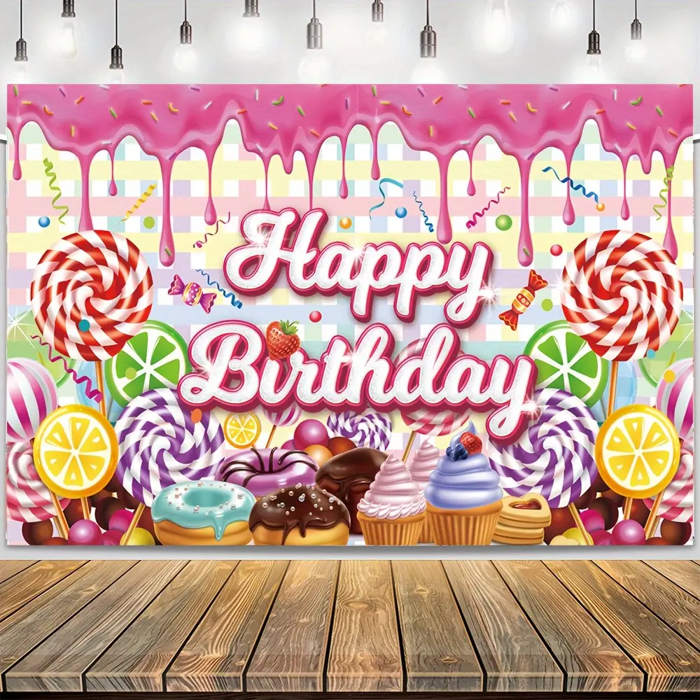 2D Flat Banner 1pc, Happy Birthday Decoration Banner, Candy Lollipop Themed Birthday Party Decoration, Pink Sweet Birthday Happy Background Cloth, Indoor And Outdoor Photo Booth Photo Props, /, Birthday Party Decor, Happy Birthday Supplies High Quali