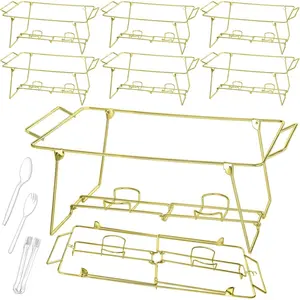 32 Pack Wire Buffet Rack Stand Folding Chafing Stand Chrome Frame Serving Trays  Warmer with Plastic Tongs Forks and Spoons for Christmas Thanksgiving  Party Catering Supplies()