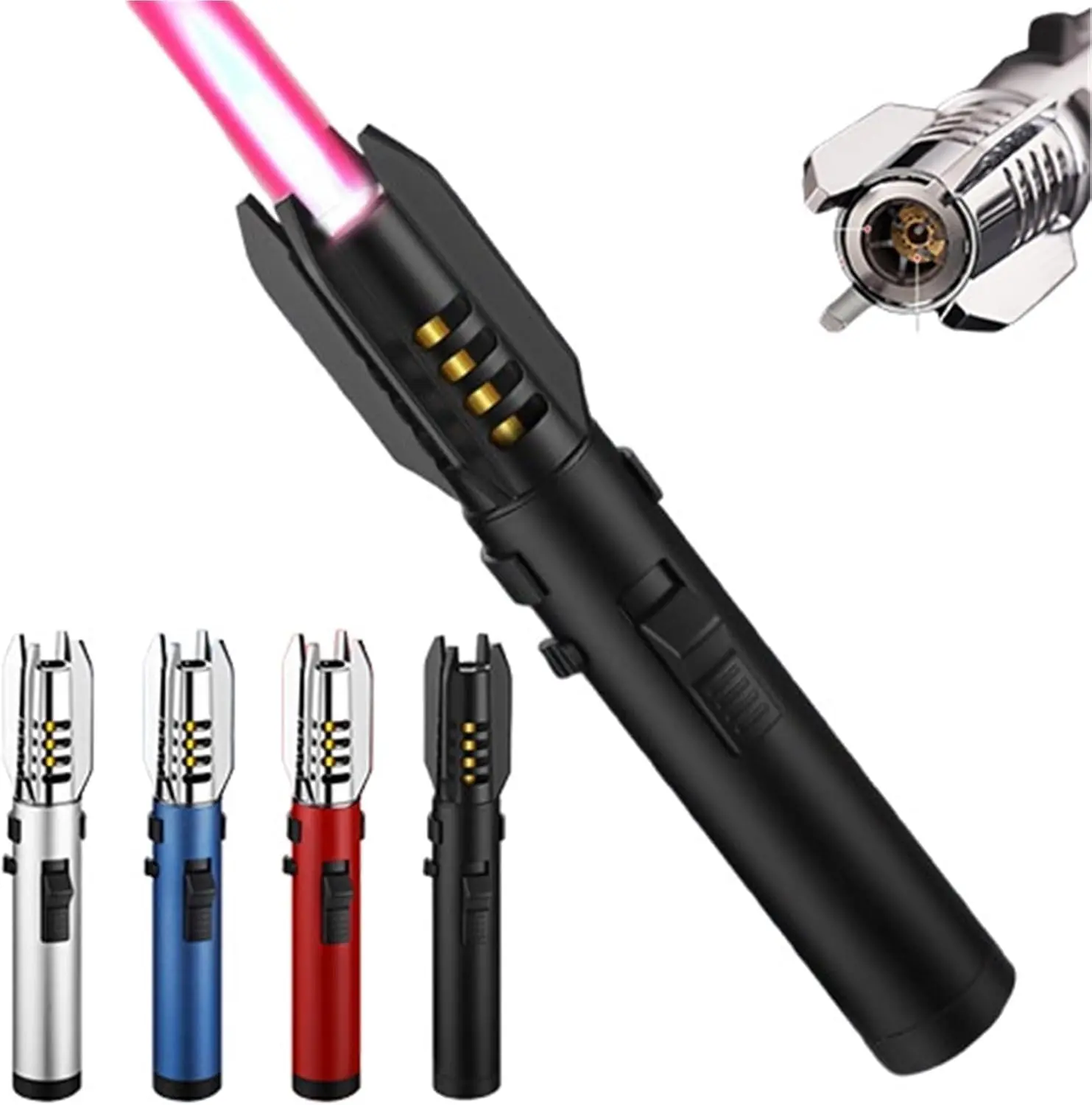 Torch Lighter, Bright Fire Lighter with Safety Lock and Adjustable Red/Blue Flame, Refillable Butane Gas Windproof Jet Flame Cool Lighters, for Candles Campfires BBQ Baking, Camping,  (Not Containing Butane Gas)   guy gift ,outdoor ignition metal