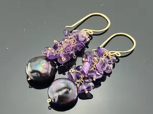Peacock Coin Pearls and Amethyst · Cluster Earrings · 14K Gold Filled or 925 Silver · Purple Gemstone Jewelry · Gift for Her · Handmade