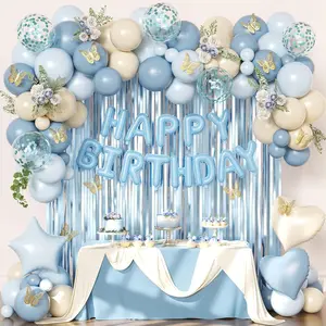 Blue Birthday Decorations, Dusty blue Sand White Confetti Foil Balloons Happy Birthday Banner Gold Butterfly Fringe Curtains, Light Blue Birthday Decorations for Boys Girls Women Men
