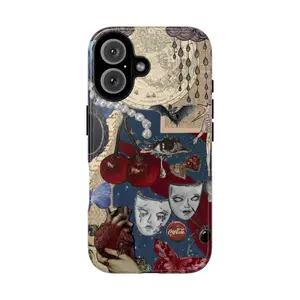 Vintage Collage Aesthetic Tough Phone Case, Retro Art, Cherries, Butterflies, and Surreal Gothic Design Phone Cover, Gift