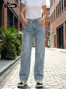 Women's Star Embroidered Raw Wash Straight Leg Jeans, Embroidery Jeans, Casual Pocket Button Fly Denim Trousers for Daily Wear, Ladies Bottoms for Fall & Winter