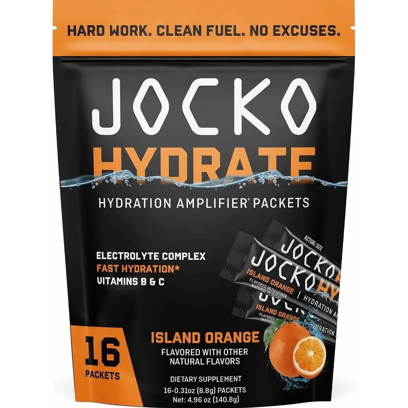 Jocko Fuel Hydrate Electrolytes Powder Packets Low Sugar - Hydration Amplifier Packets for Recovery, Dehydration, & Exercise - with Vitamins B6, B12 & C (16 Packets) Island Orange