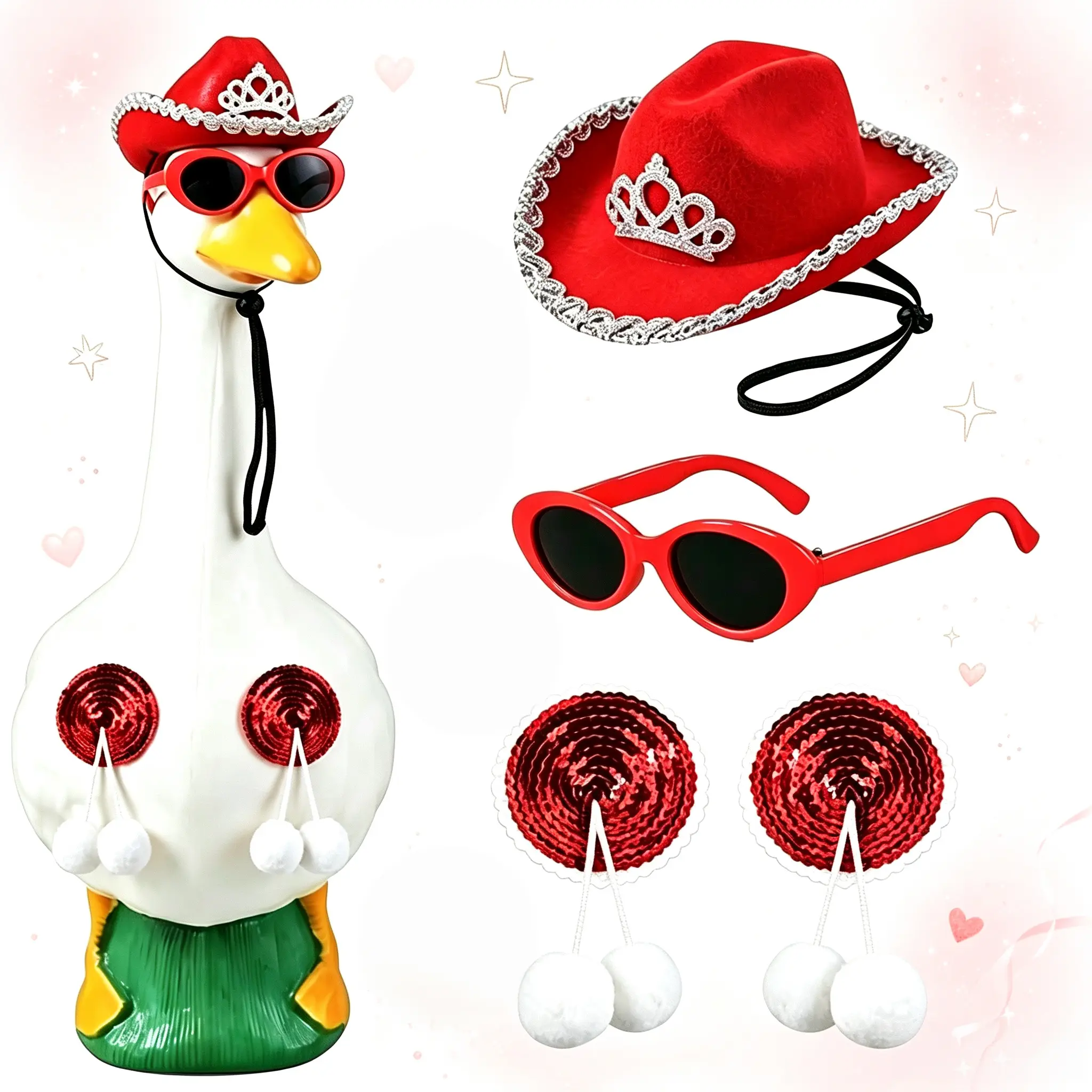 17/23 Inch Valentine's Day Goose Dress‑Up Set, Red Crown Cowboy Hat, Sunglasses & Sequined Pom‑pom Accessories, Ideal for Patio Lawn Porch Holiday Display
