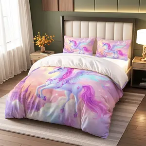 3-Piece Unicorn Print Bedding Set, Bedroom Bedding Set, Soft Breathable Polyester Fiber, Zipper Closure, Includes 1 Duvet Cover and 2 Pillowcases