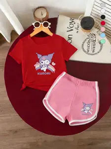 Summer Girls Casual Sports Short Sleeve Shorts Set, Kuromi Cartoon Print, Comfortable Loose Fit, 2-7 Years