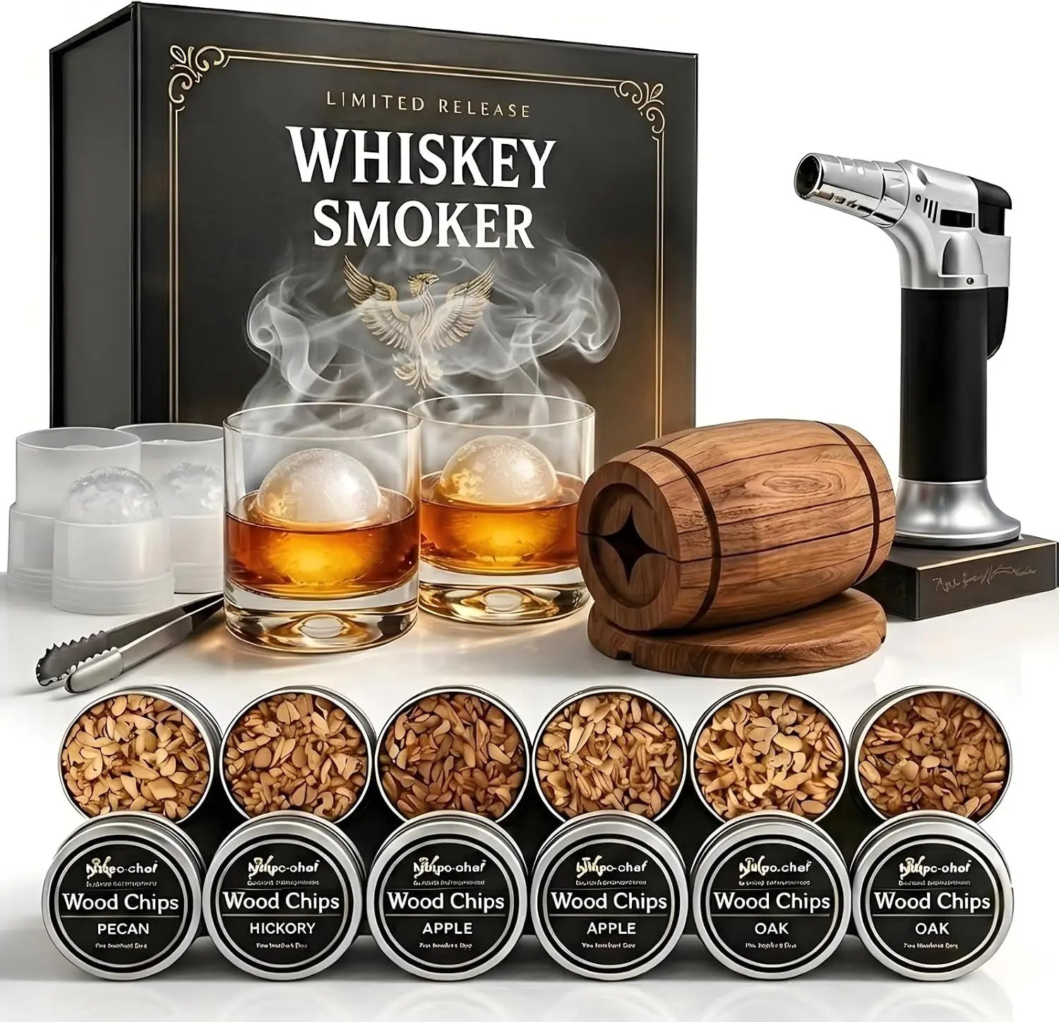 Whiskey Smoker Kit with – Old Fashioned Cocktail Smoker Set with 6 Wood Chip Flavors, 2 Whiskey & 2 Ice Ball Molds – Gifts for Men, Dad, Husband & Him