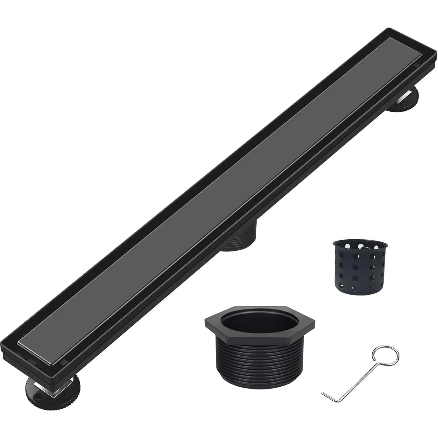 Linear Shower Drain Black 12 Inch,304 Stainless Steel with Adjustable Leveling Feet, Hair Strainer,Reversely Install the Floor Drain Cover and Place the Ceramic Tile to Create an Invisible Floor Drain